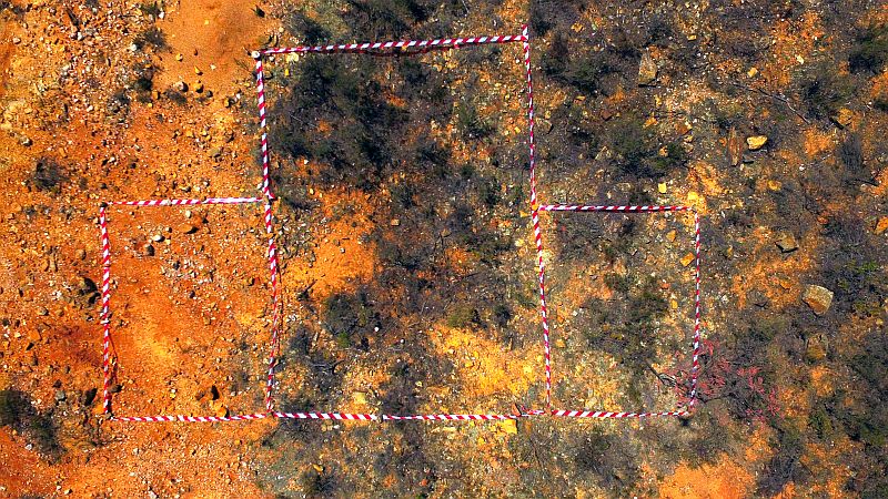 Survey tape marks the outline of what remains of the Watchhouse/Courthouse